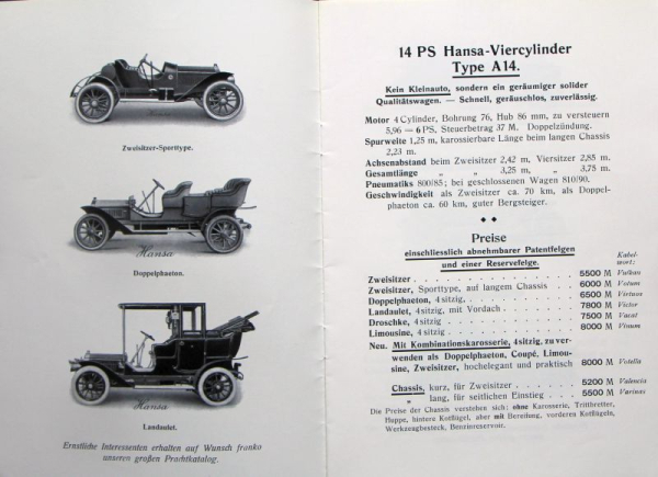 Hansa-Lloyd Modelprogram 1910 Carbrochure (10089)